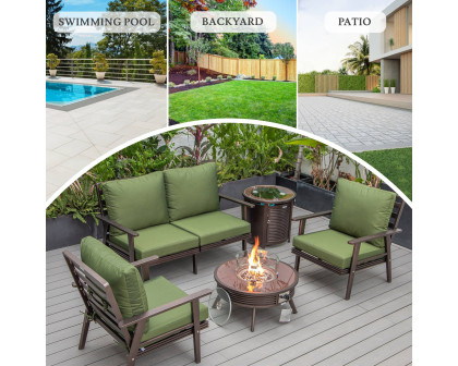 LeisureMod Walbrooke Modern Brown Patio Conversation With Round Fire Pit With Slats Design & Tank Holder - Green