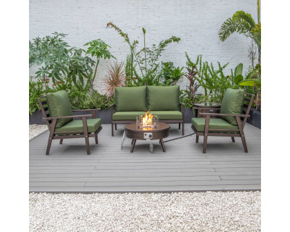 LeisureMod Walbrooke Modern Brown Patio Conversation With Round Fire Pit With Slats Design & Tank Holder - Green