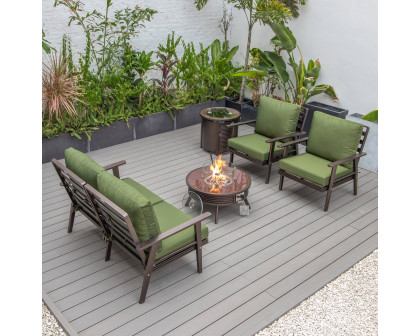 LeisureMod Walbrooke Modern Brown Patio Conversation With Round Fire Pit With Slats Design & Tank Holder - Green