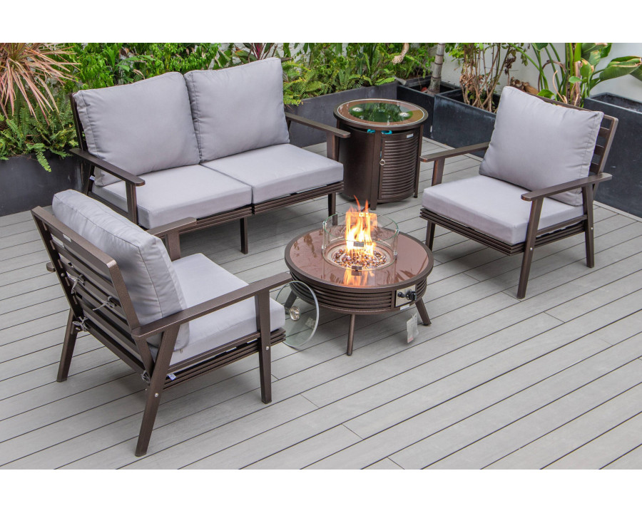 LeisureMod Walbrooke Modern Brown Patio Conversation With Round Fire Pit With Slats Design & Tank Holder - Gray