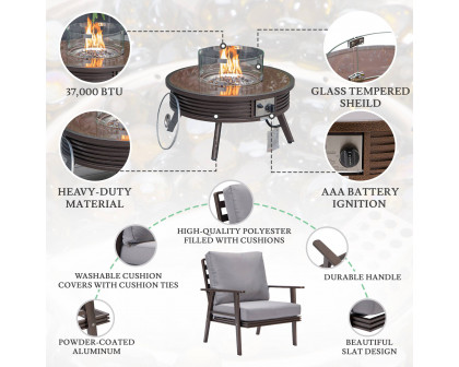 LeisureMod Walbrooke Modern Brown Patio Conversation With Round Fire Pit With Slats Design & Tank Holder - Gray