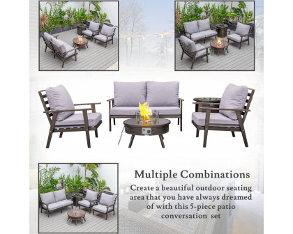 LeisureMod Walbrooke Modern Brown Patio Conversation With Round Fire Pit With Slats Design & Tank Holder - Gray