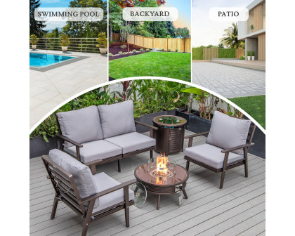 LeisureMod Walbrooke Modern Brown Patio Conversation With Round Fire Pit With Slats Design & Tank Holder - Gray