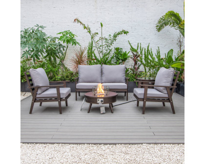 LeisureMod Walbrooke Modern Brown Patio Conversation With Round Fire Pit With Slats Design & Tank Holder - Gray