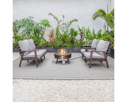 LeisureMod Walbrooke Modern Brown Patio Conversation With Round Fire Pit With Slats Design & Tank Holder - Gray