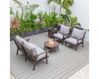 LeisureMod Walbrooke Modern Brown Patio Conversation With Round Fire Pit With Slats Design & Tank Holder - Gray