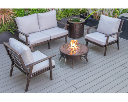 LeisureMod Walbrooke Modern Black Patio Conversation With Round Fire Pit With Slats Design & Tank Holder