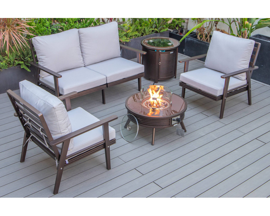 LeisureMod Walbrooke Modern Brown Patio Conversation With Round Fire Pit With Slats Design & Tank Holder - Light Gray