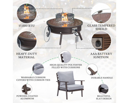 LeisureMod Walbrooke Modern Brown Patio Conversation With Round Fire Pit With Slats Design & Tank Holder - Light Gray