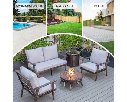 LeisureMod Walbrooke Modern Brown Patio Conversation With Round Fire Pit With Slats Design & Tank Holder - Light Gray