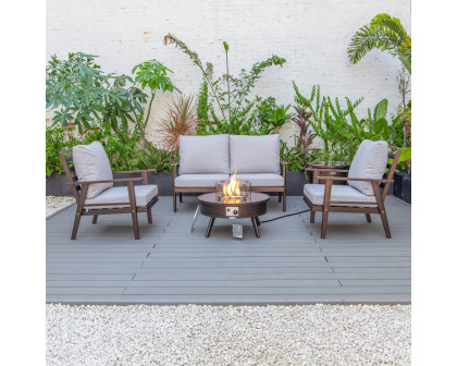 LeisureMod Walbrooke Modern Brown Patio Conversation With Round Fire Pit With Slats Design & Tank Holder - Light Gray