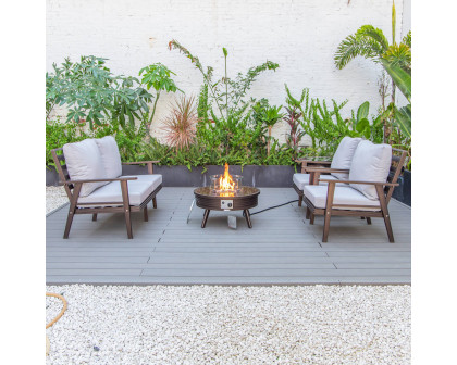 LeisureMod Walbrooke Modern Brown Patio Conversation With Round Fire Pit With Slats Design & Tank Holder - Light Gray