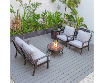 LeisureMod Walbrooke Modern Brown Patio Conversation With Round Fire Pit With Slats Design & Tank Holder - Light Gray