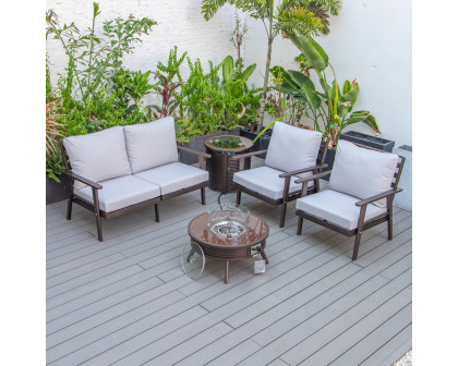 LeisureMod Walbrooke Modern Brown Patio Conversation With Round Fire Pit With Slats Design & Tank Holder - Light Gray