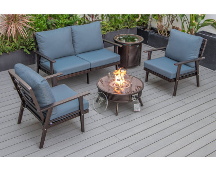 LeisureMod Walbrooke Modern Black Patio Conversation With Round Fire Pit With Slats Design & Tank Holder