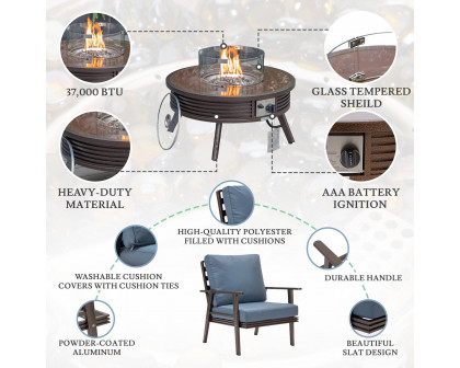 LeisureMod Walbrooke Modern Brown Patio Conversation With Round Fire Pit With Slats Design & Tank Holder - Navy Blue