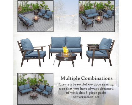 LeisureMod Walbrooke Modern Brown Patio Conversation With Round Fire Pit With Slats Design & Tank Holder - Navy Blue