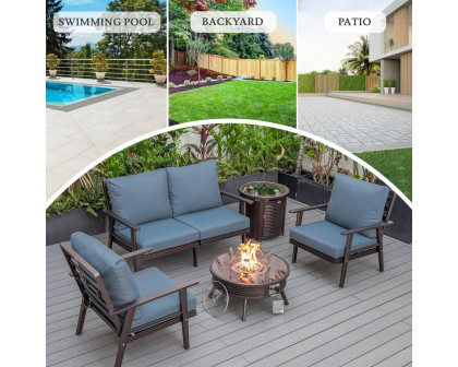 LeisureMod Walbrooke Modern Brown Patio Conversation With Round Fire Pit With Slats Design & Tank Holder - Navy Blue