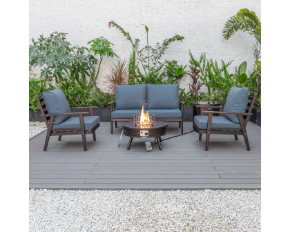 LeisureMod Walbrooke Modern Brown Patio Conversation With Round Fire Pit With Slats Design & Tank Holder - Navy Blue