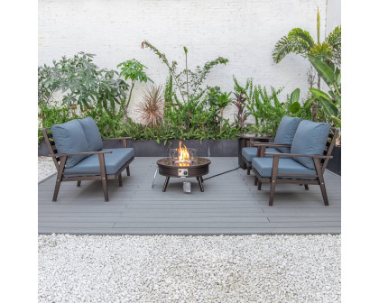 LeisureMod Walbrooke Modern Brown Patio Conversation With Round Fire Pit With Slats Design & Tank Holder - Navy Blue