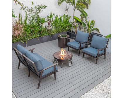 LeisureMod Walbrooke Modern Brown Patio Conversation With Round Fire Pit With Slats Design & Tank Holder - Navy Blue