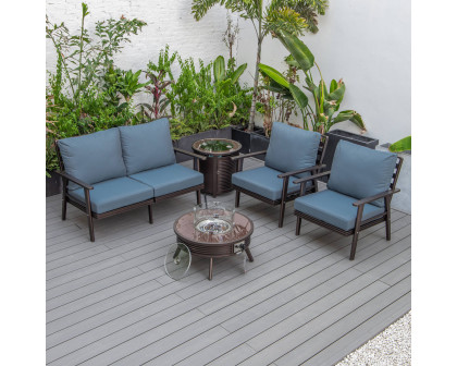 LeisureMod Walbrooke Modern Brown Patio Conversation With Round Fire Pit With Slats Design & Tank Holder - Navy Blue