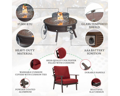 LeisureMod Walbrooke Modern Brown Patio Conversation With Round Fire Pit With Slats Design & Tank Holder - Red