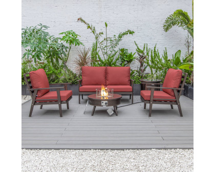 LeisureMod Walbrooke Modern Brown Patio Conversation With Round Fire Pit With Slats Design & Tank Holder - Red