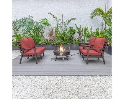 LeisureMod Walbrooke Modern Brown Patio Conversation With Round Fire Pit With Slats Design & Tank Holder - Red