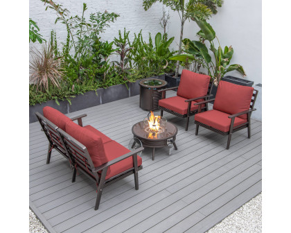 LeisureMod Walbrooke Modern Brown Patio Conversation With Round Fire Pit With Slats Design & Tank Holder - Red