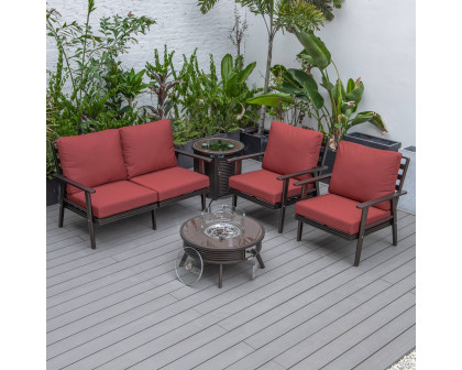 LeisureMod Walbrooke Modern Brown Patio Conversation With Round Fire Pit With Slats Design & Tank Holder - Red