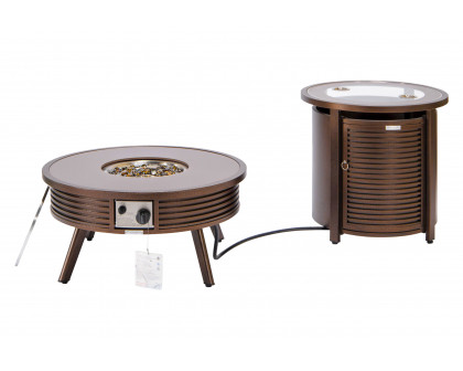 LeisureMod Walbrooke Outdoor Patio Round Fire Pit and Tank Holder with Slats Design - Brown