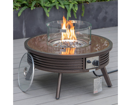 LeisureMod Walbrooke Outdoor Patio Round Fire Pit and Tank Holder with Slats Design - Brown