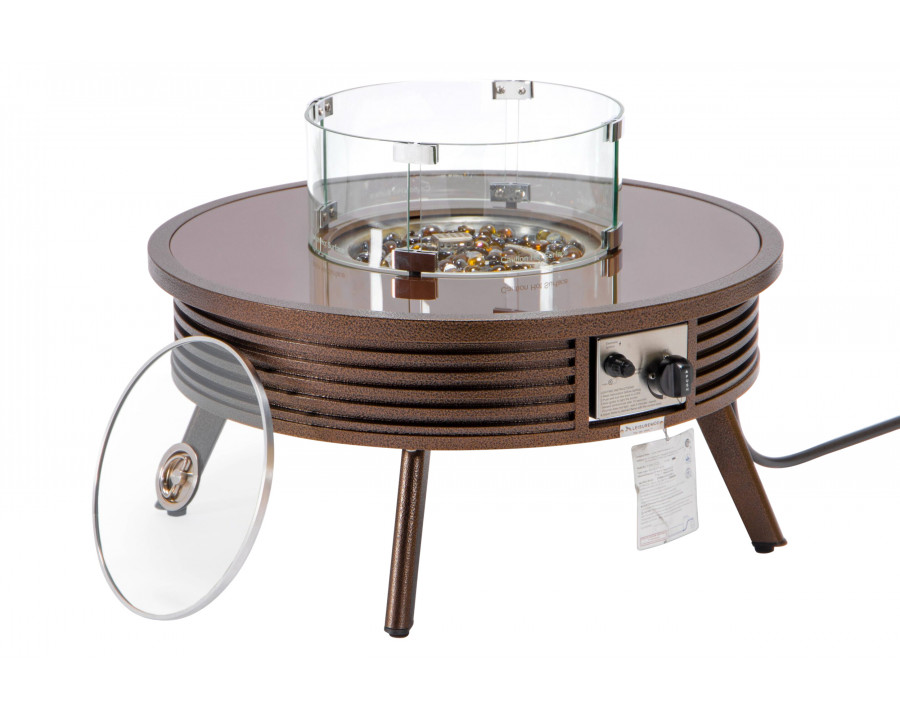 LeisureMod Walbrooke Modern Outdoor Round Fire Pit Table with Powder-Coated Aluminum Frame and Slats Design