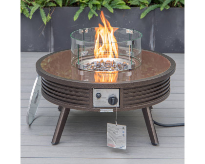 LeisureMod Walbrooke Modern Outdoor Round Fire Pit Table with Powder-Coated Aluminum Frame and Slats Design