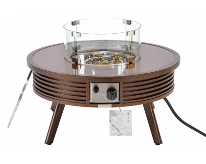 LeisureMod Walbrooke Modern Outdoor Round Fire Pit Table with Powder-Coated Aluminum Frame and Slats Design - Brown