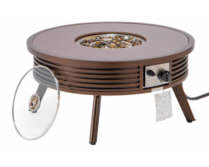 LeisureMod Walbrooke Modern Outdoor Round Fire Pit Table with Powder-Coated Aluminum Frame and Slats Design - Brown