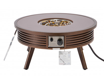 LeisureMod Walbrooke Modern Outdoor Round Fire Pit Table with Powder-Coated Aluminum Frame and Slats Design - Brown