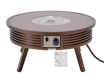 LeisureMod Walbrooke Modern Outdoor Round Fire Pit Table with Powder-Coated Aluminum Frame and Slats Design - Brown