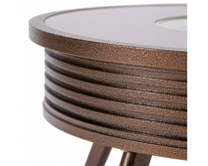 LeisureMod Walbrooke Modern Outdoor Round Fire Pit Table with Powder-Coated Aluminum Frame and Slats Design - Brown