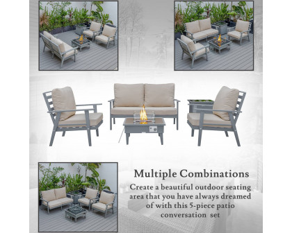 LeisureMod Walbrooke Modern Gray Patio Conversation With Square Fire Pit & Tank Holder - Beige