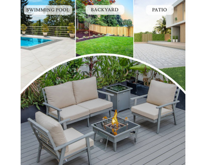 LeisureMod Walbrooke Modern Gray Patio Conversation With Square Fire Pit & Tank Holder - Beige