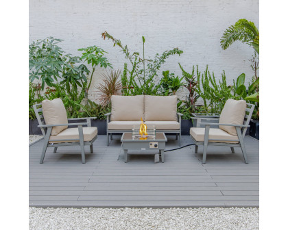 LeisureMod Walbrooke Modern Gray Patio Conversation With Square Fire Pit & Tank Holder - Beige