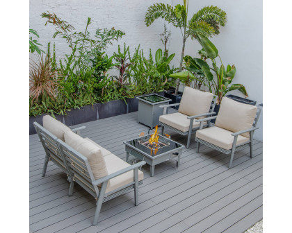 LeisureMod Walbrooke Modern Gray Patio Conversation With Square Fire Pit & Tank Holder - Beige