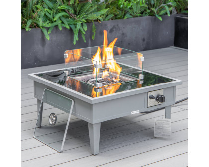 LeisureMod Walbrooke Modern Gray Patio Conversation With Square Fire Pit & Tank Holder - Beige