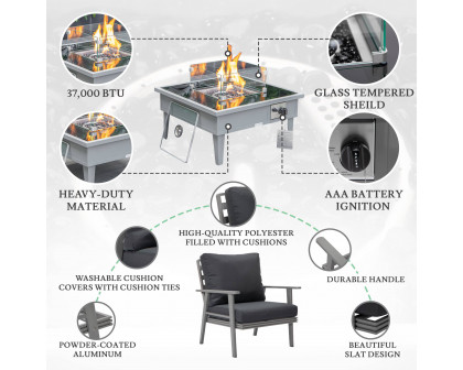 LeisureMod Walbrooke Modern Gray Patio Conversation With Square Fire Pit & Tank Holder - Charcoal