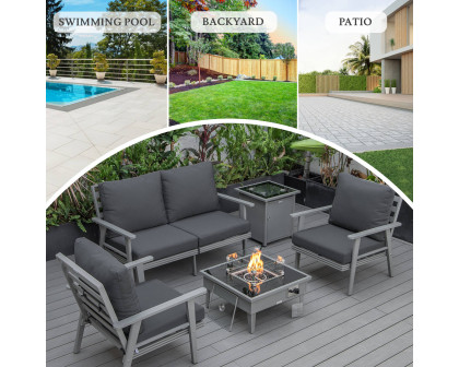 LeisureMod Walbrooke Modern Gray Patio Conversation With Square Fire Pit & Tank Holder - Charcoal