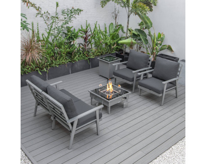 LeisureMod Walbrooke Modern Gray Patio Conversation With Square Fire Pit & Tank Holder - Charcoal