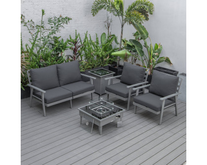 LeisureMod Walbrooke Modern Gray Patio Conversation With Square Fire Pit & Tank Holder - Charcoal