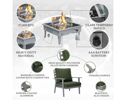 LeisureMod Walbrooke Modern Gray Patio Conversation With Square Fire Pit & Tank Holder - Green